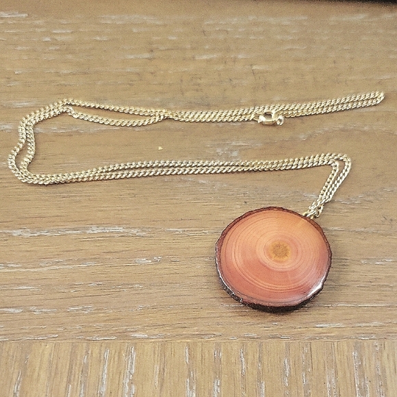 Brown circlular wooden Pendant Necklace with long gold tone chain - Picture 1 of 4